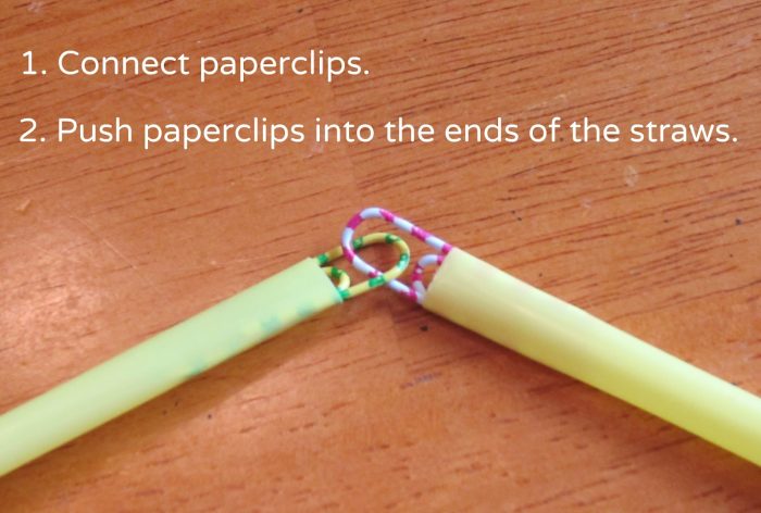 A photo of straws connected by paperclips