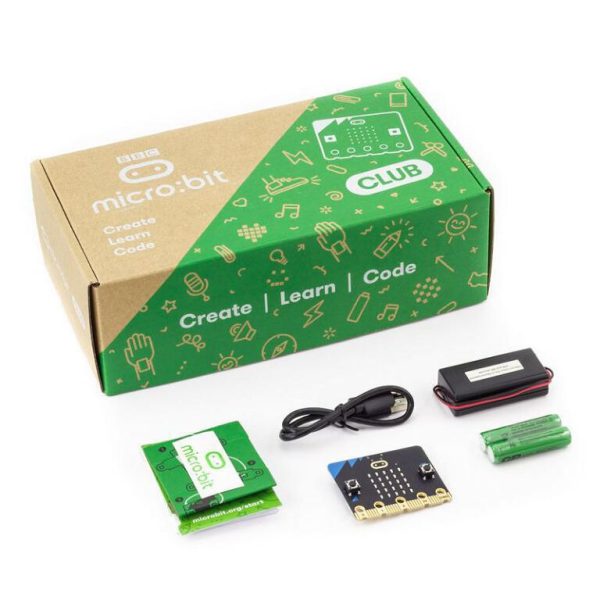 Photo of BBC Micro:bit Club set box, intruction booklet, charging cable, microbit, battery pack, and AAA batteries