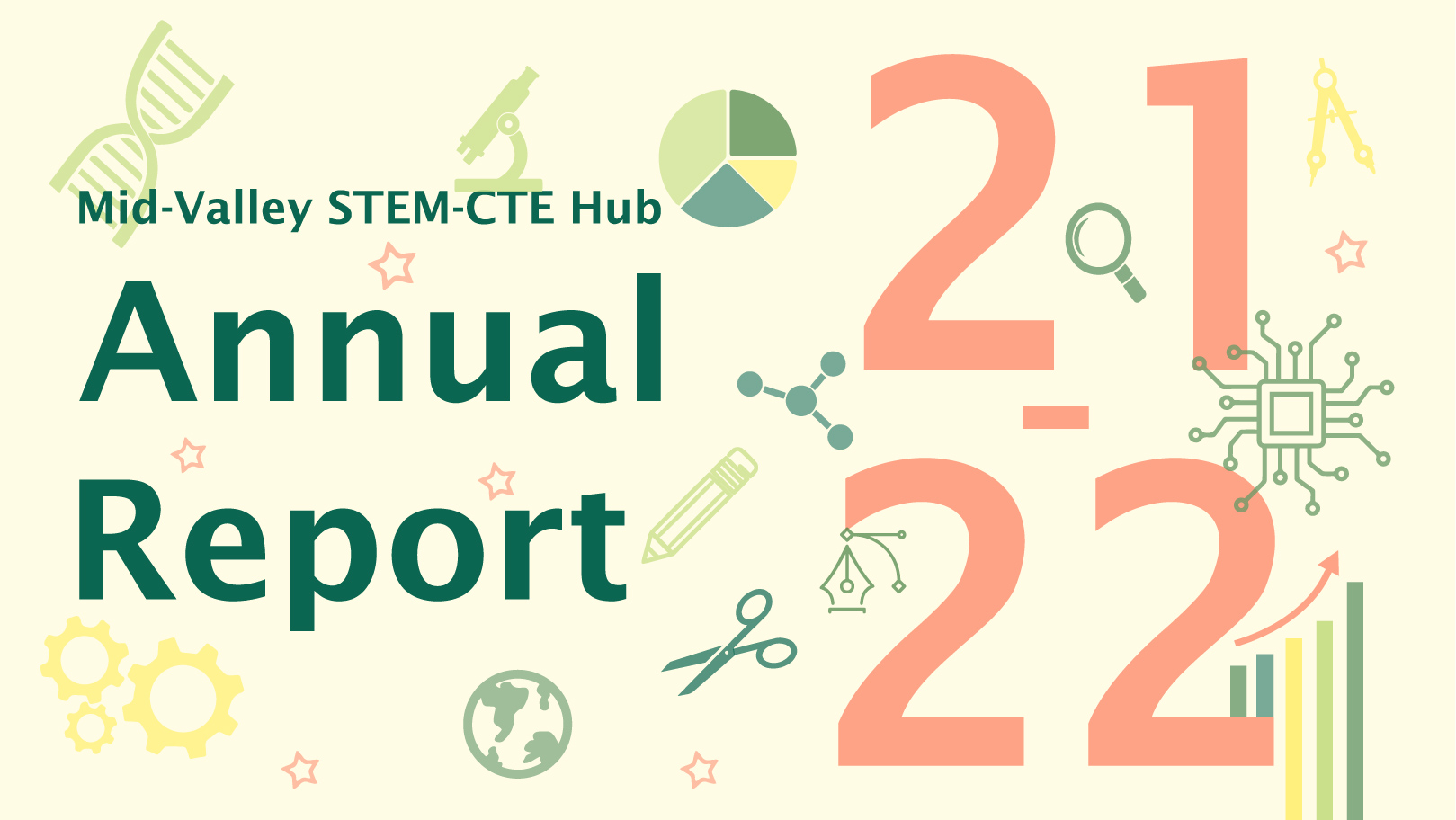 Annual Report 2021-22 flyer. Yellow background, green and pink STEM icons.