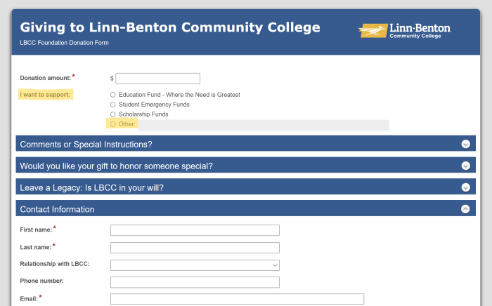 A picture of the donation form used to support the Mid-Valley STEM-CTE Hub via the LBCC Foundation. Highlighted in yellow are the fields where to indicate that you want your donation to go to the Mid-Valley STEM-CTE Hub. 